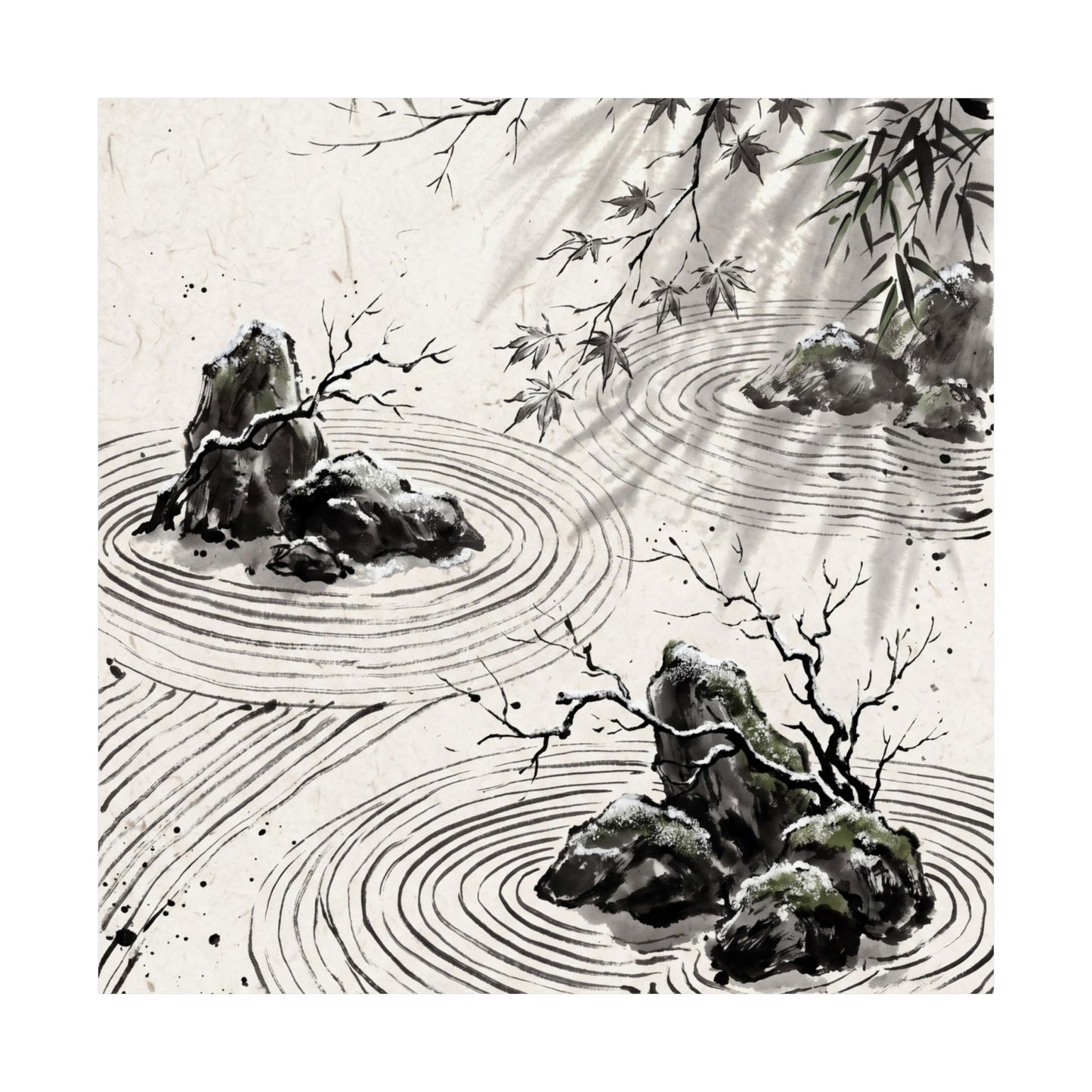 Winter Rock Garden Sumi E Wall Art Print | Serene Decor