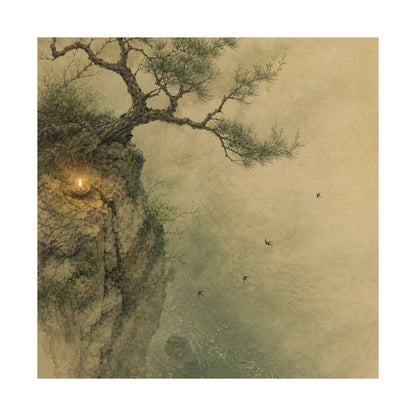 Japandi Pine Tree in Candlelight | Minimal Line Wall Art Print