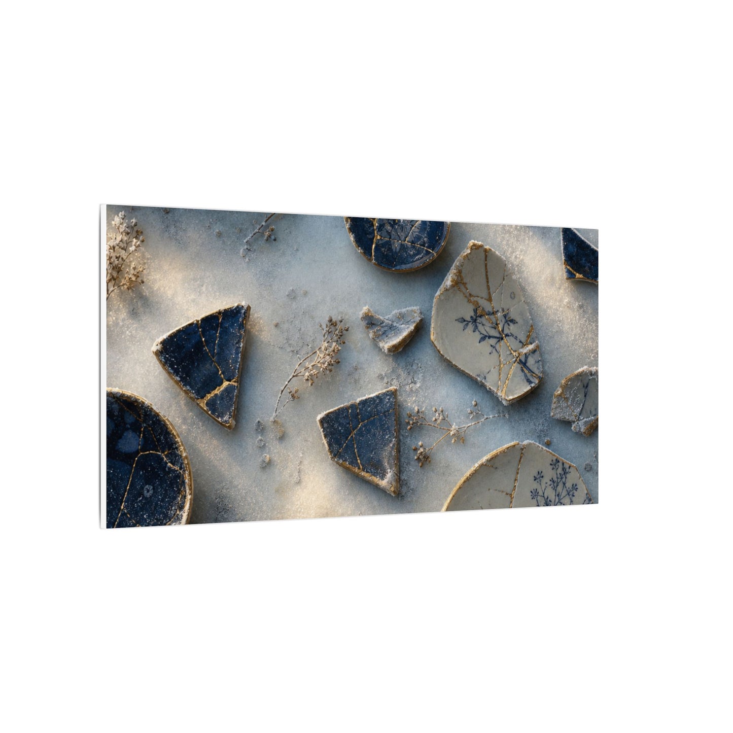 Broken Pottery Canvas Art | Winter Kintsugi Gold Vein Art