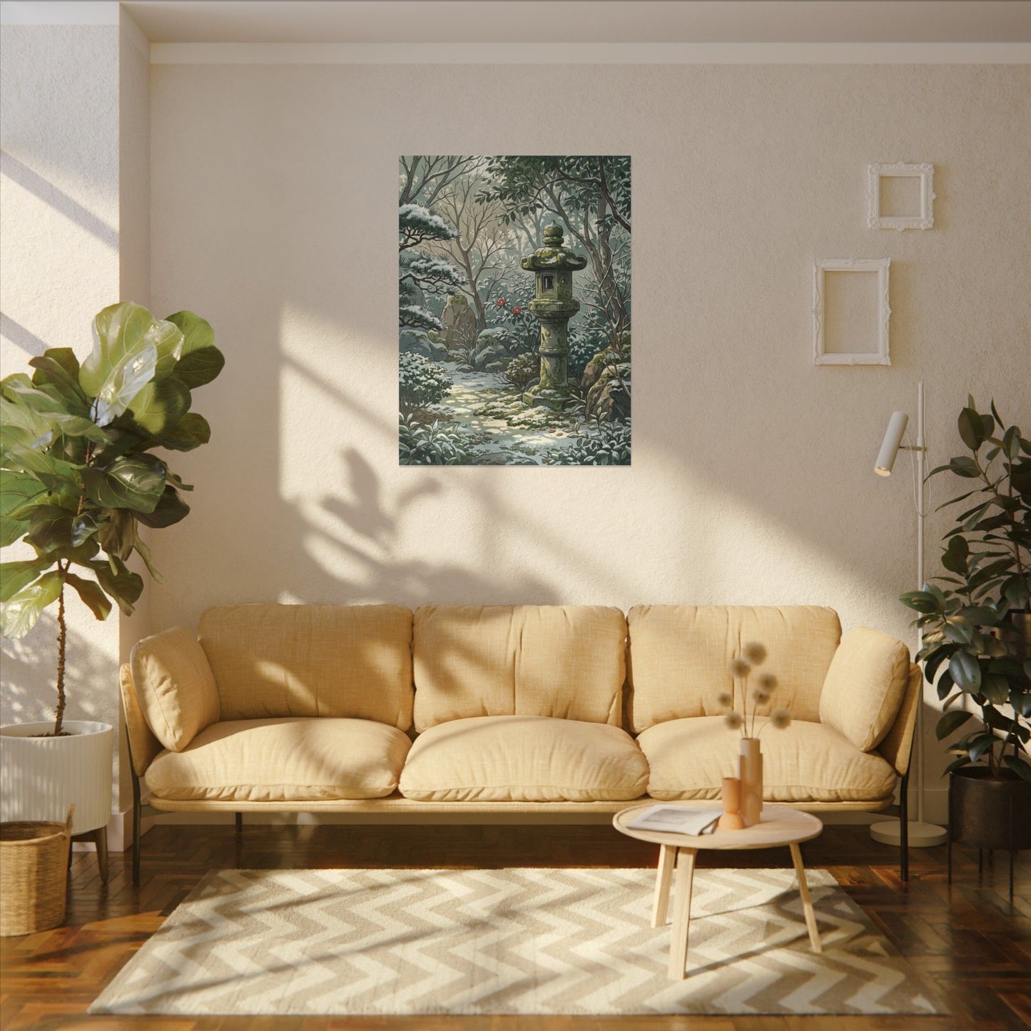Stone Lantern Winter Canvas Art | Japandi Warm Design