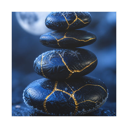 River Stones Canvas Art | Winter Kintsugi Gold Repair Art