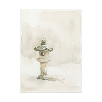 Stone Lantern Winter Canvas Art | Japandi Earthy Design