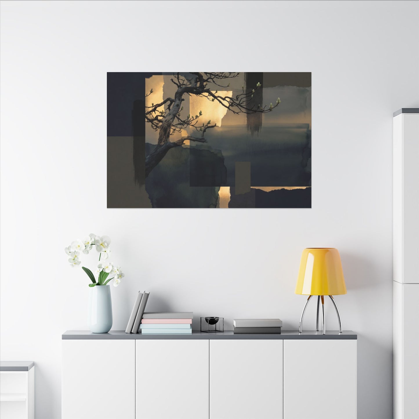 Golden Hour Pine Tree Canvas Art - Dark Japandi Kanso