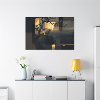 Golden Hour Pine Tree Canvas Art - Dark Japandi Kanso