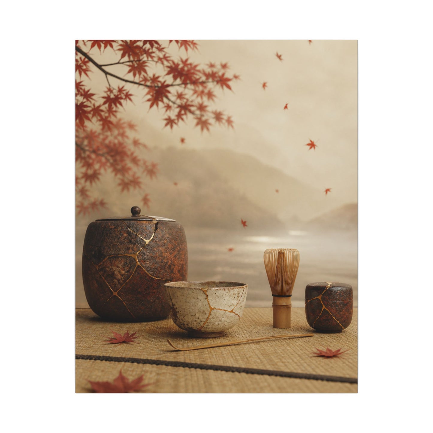 Tea Ceremony Canvas Art | Autumn Kintsugi Gold Vein Art