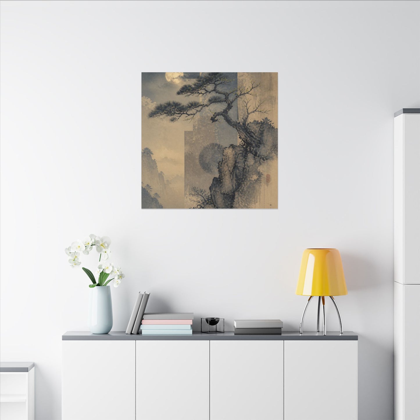 Japandi Pine Tree in Moonlight | Japanese Pattern Canvas Art