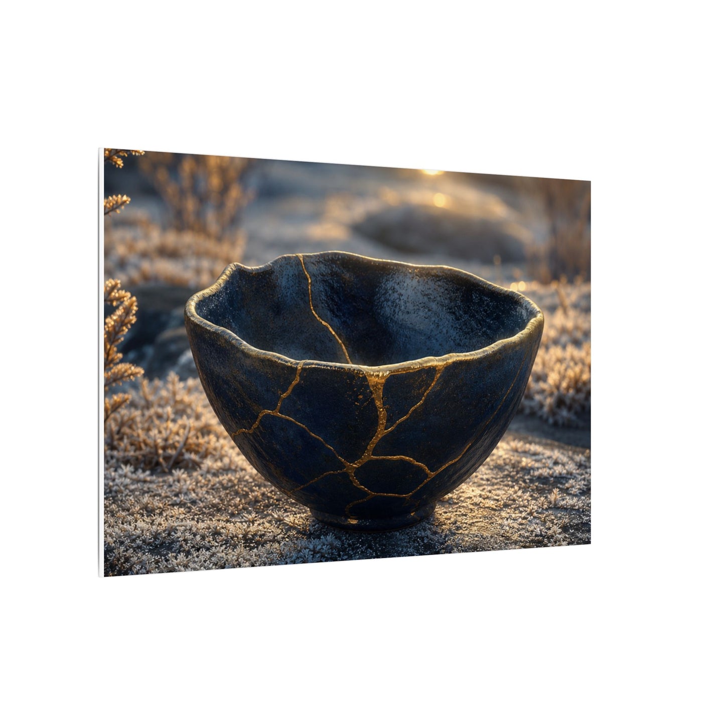 Ceramic Bowl Canvas Art | Winter Kintsugi Gold Repair Art