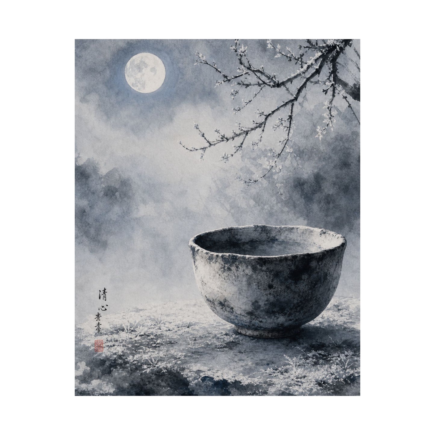 Winter Ceramic Bowl Sumi E Wall Art Print | Tranquil Decor