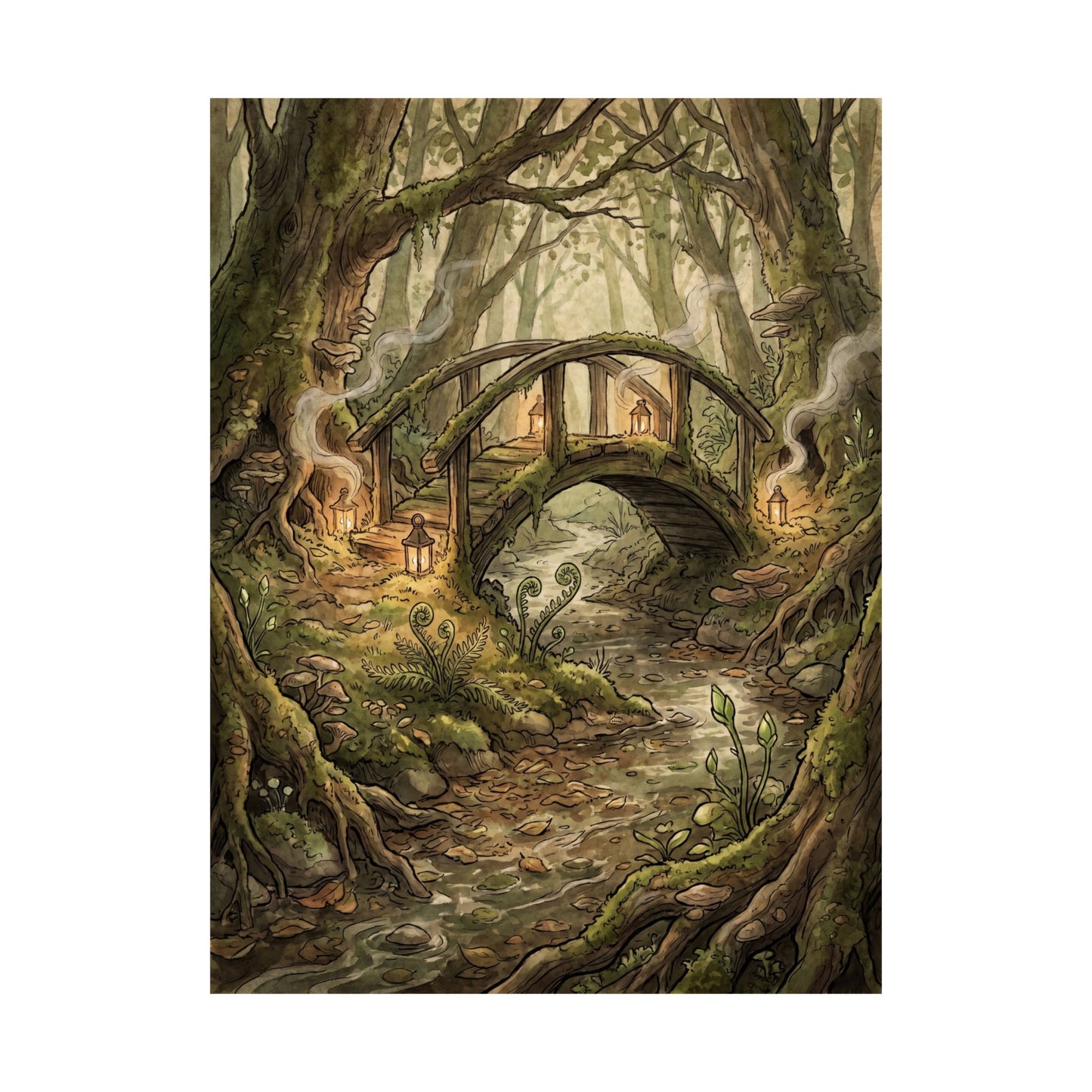 Spring Wooden Bridge Forest Whimsy Wall Art Print | Rustic Decor