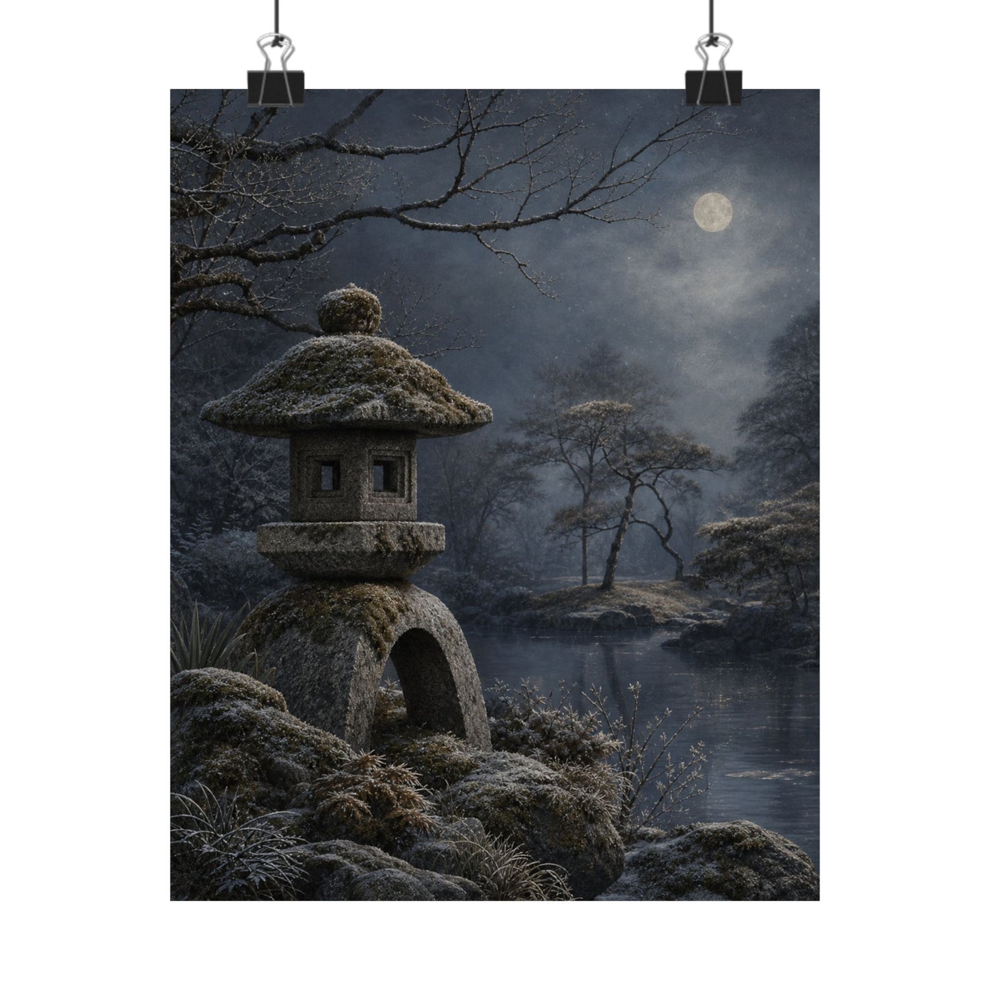 Winter Stone Lantern Japanese Pattern Wall Art Print | Earthy Decor