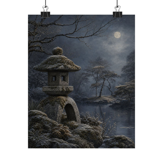 Winter Stone Lantern Japanese Pattern Wall Art Print | Earthy Decor