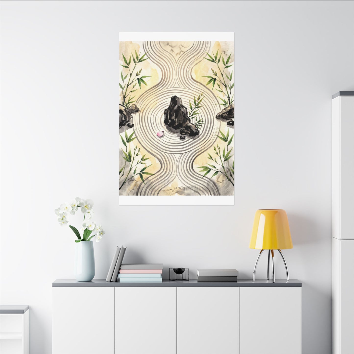 Zen Rock Garden in Golden Hour | Sumi E Canvas Art