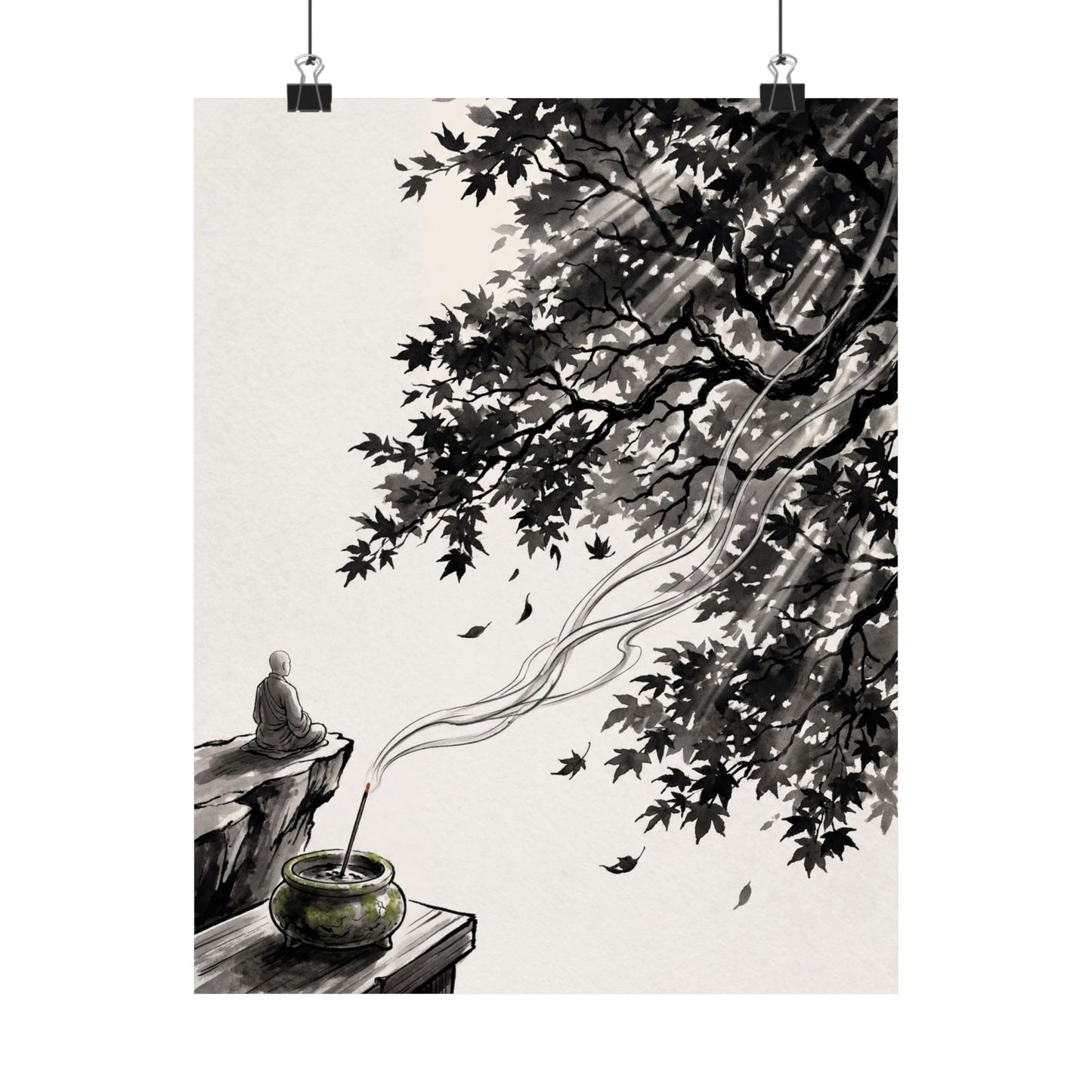 Contemplative Incense Smoke Wall Art Print - Ukiyo E Inspired Zen Art Print