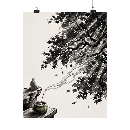 Contemplative Incense Smoke Wall Art Print - Ukiyo E Inspired Zen Art Print