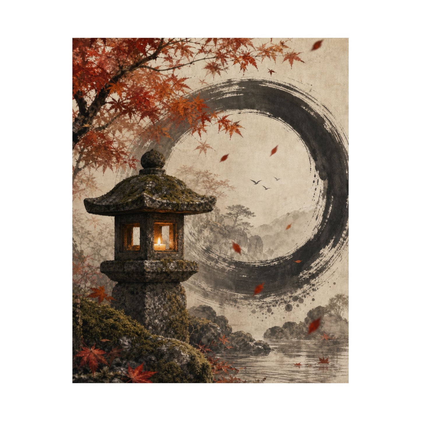 Autumn Stone Lantern Enso Wall Art Print | Serene Decor