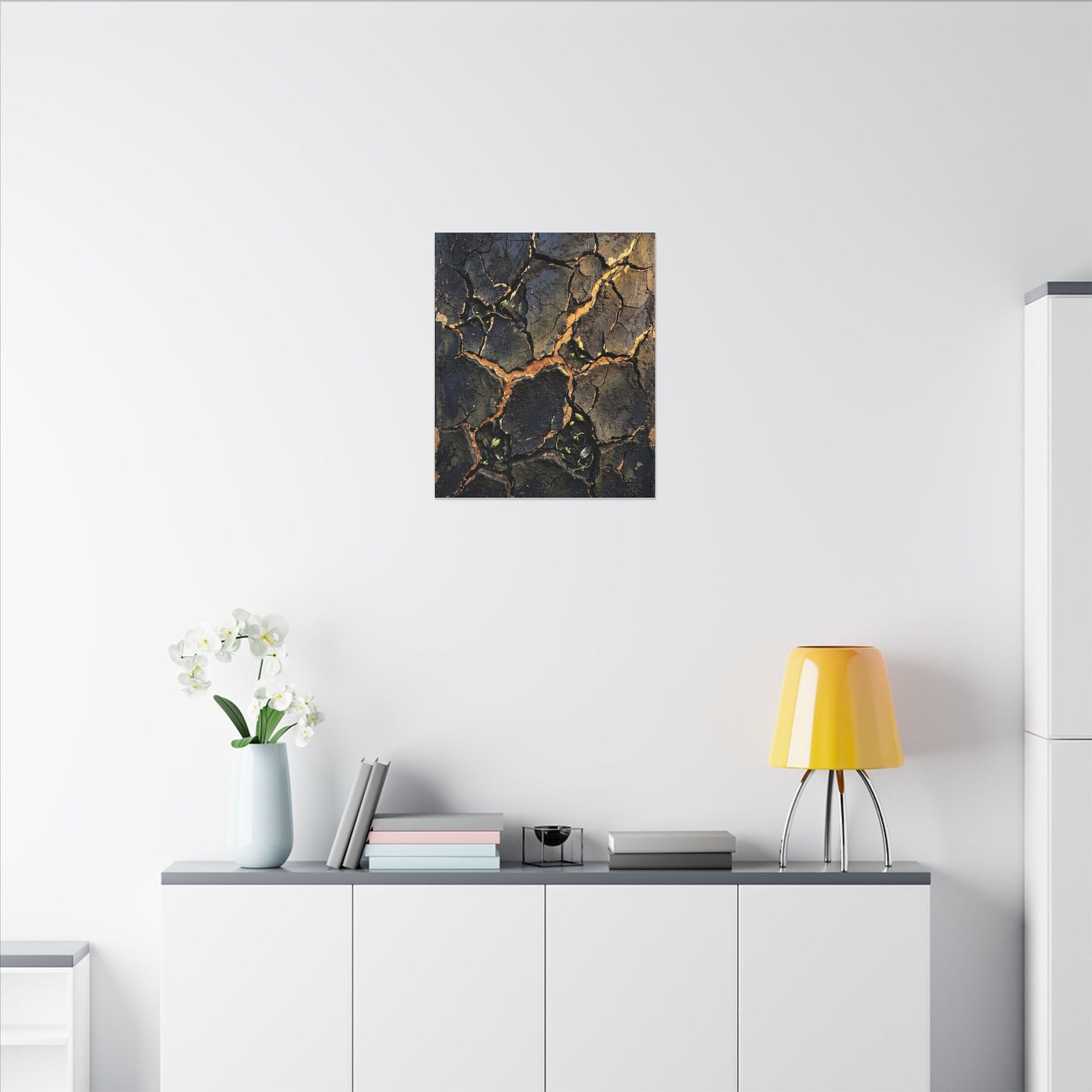 Cracked Earth Spring Canvas Art | Dark Japandi Atmospheric Design