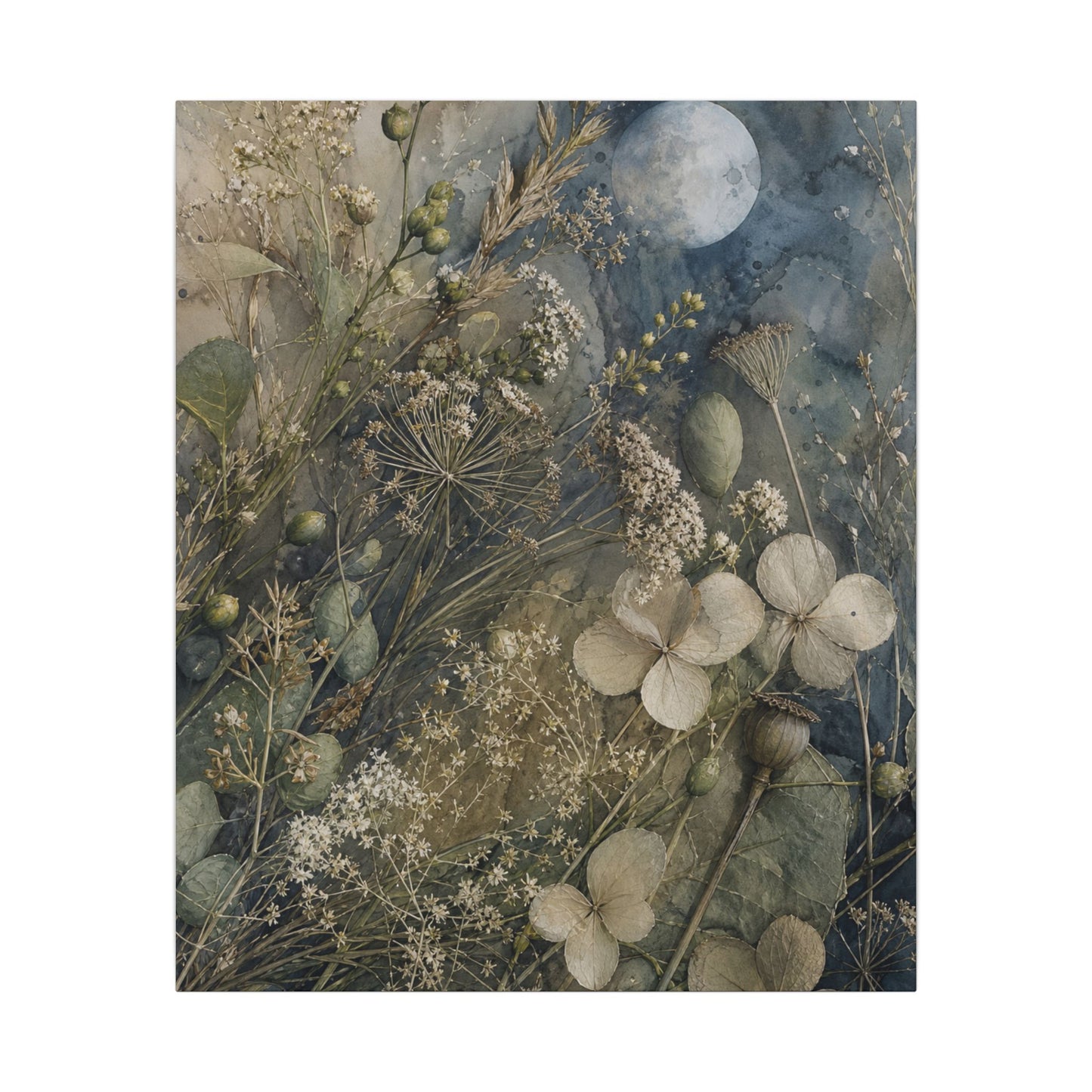 Japandi Dried Flowers in Moonlight | Watercolor Canvas Art