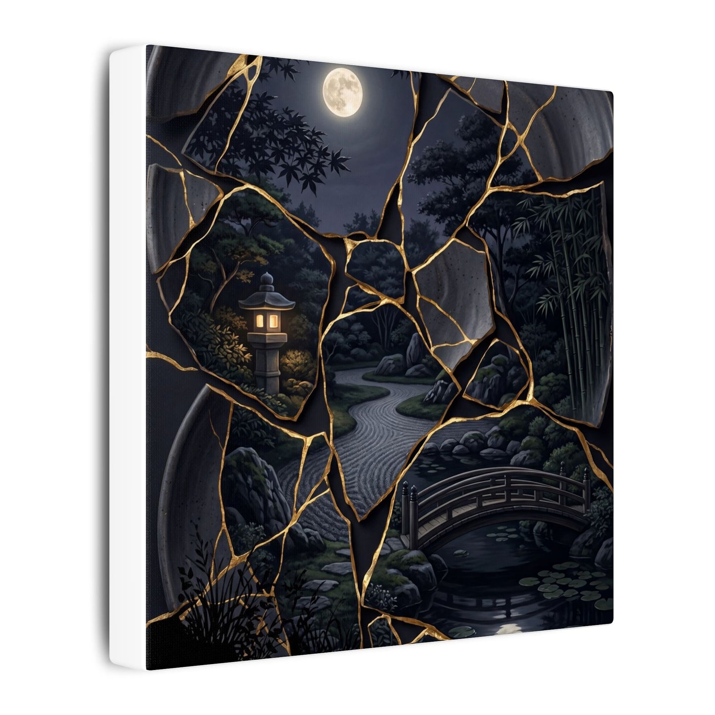 Kintsugi Moonlit Garden in Golden Hour | Gold Repair Canvas Art