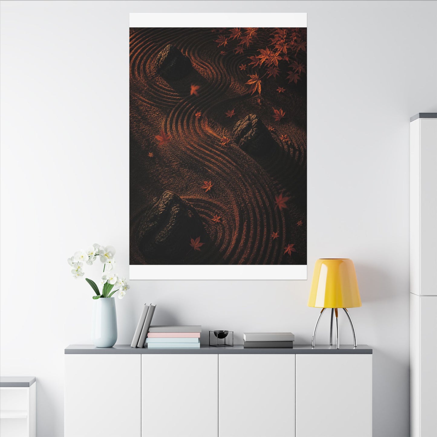 Dark Japandi Rock Garden in Golden Hour | Charcoal Ink Canvas Art