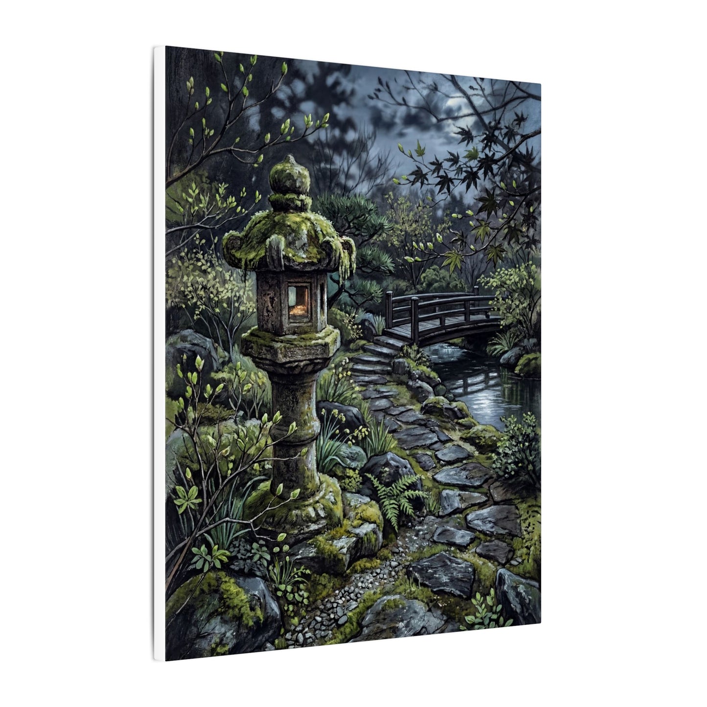 Japandi Stone Lantern in Moonlight | Texture Canvas Art