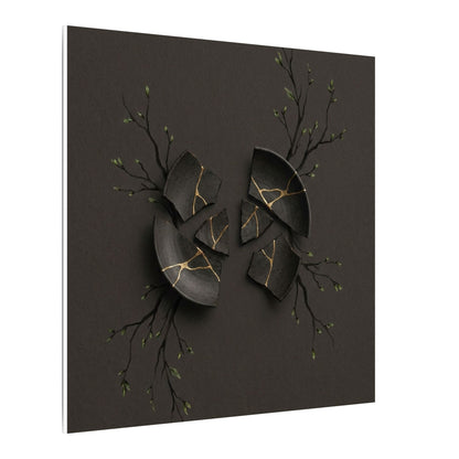 Sophisticated Broken Pottery Canvas Art - Charcoal Ink Dark Japandi