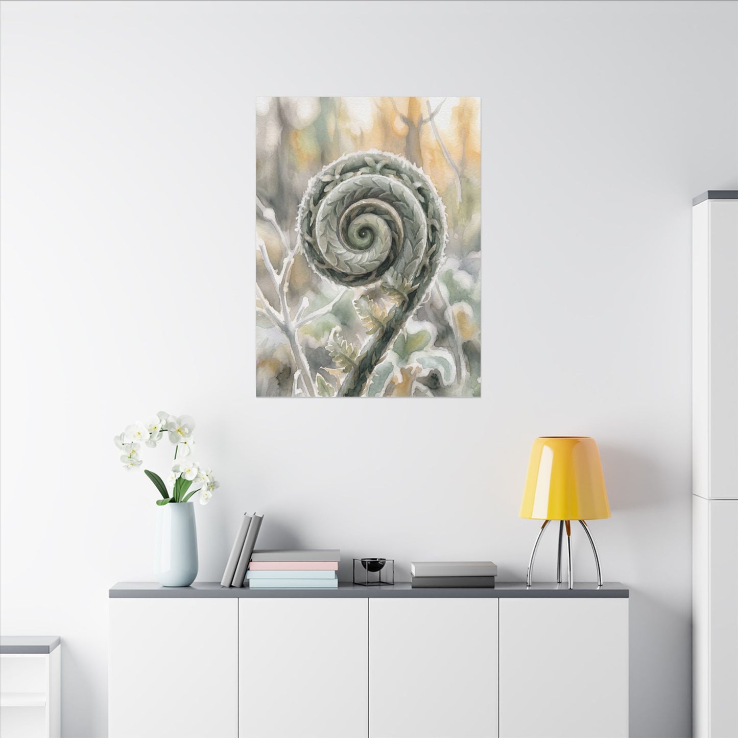 Winter Fern Unfurling Watercolor Canvas Art | Cozy Decor