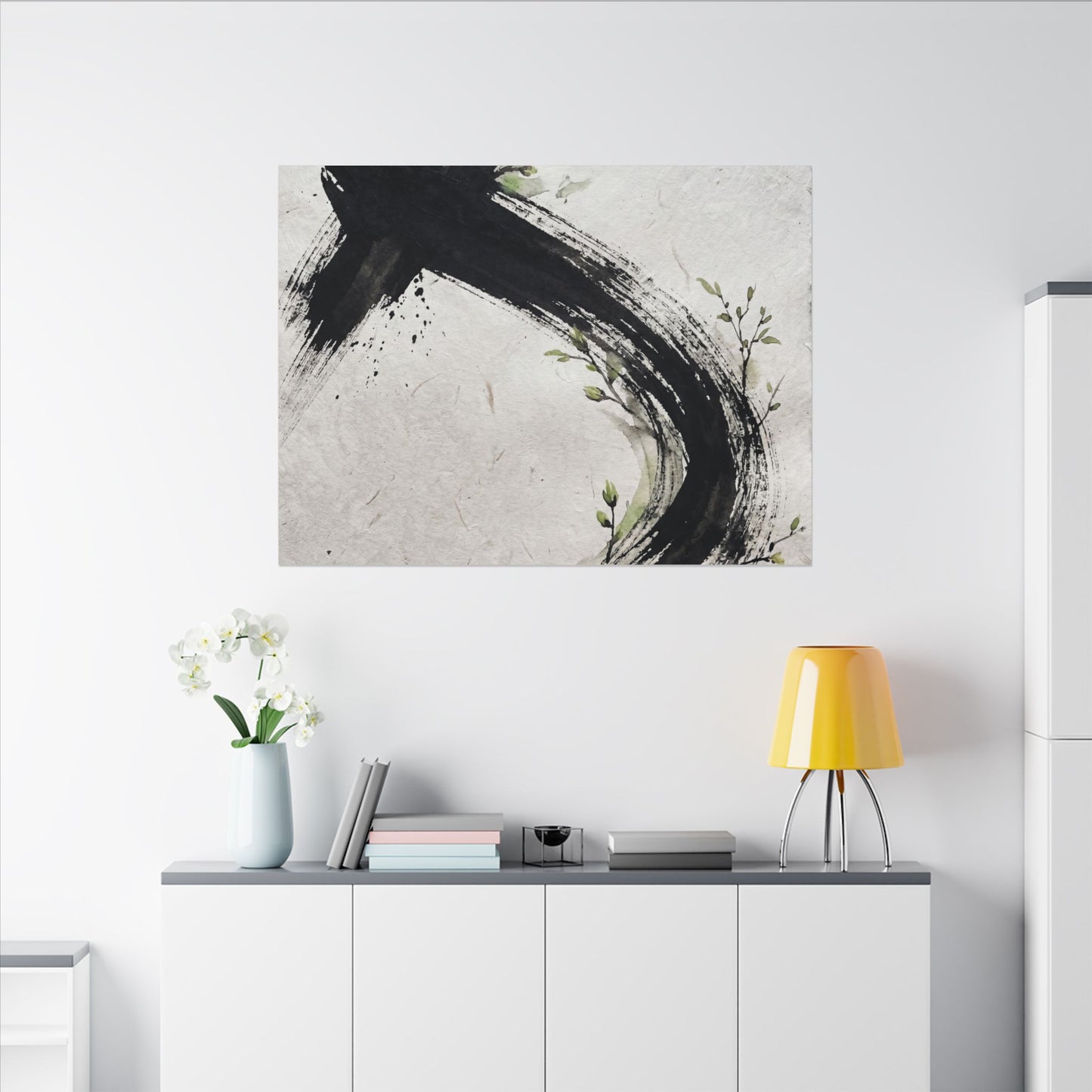 Ink Brushstroke Spring Canvas Art | Dark Japandi Sophisticated Design
