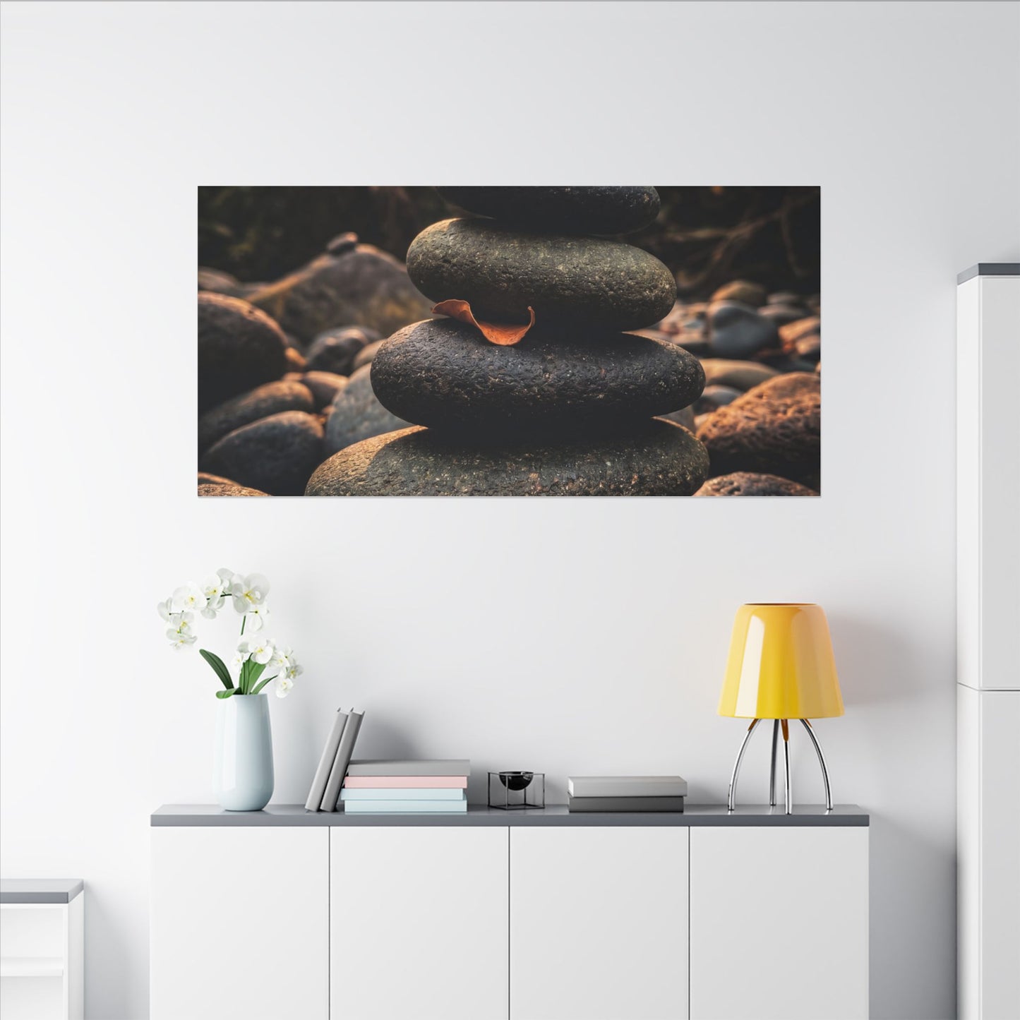Dark Japandi River Stones in Golden Hour | Moody Minimal Canvas Art