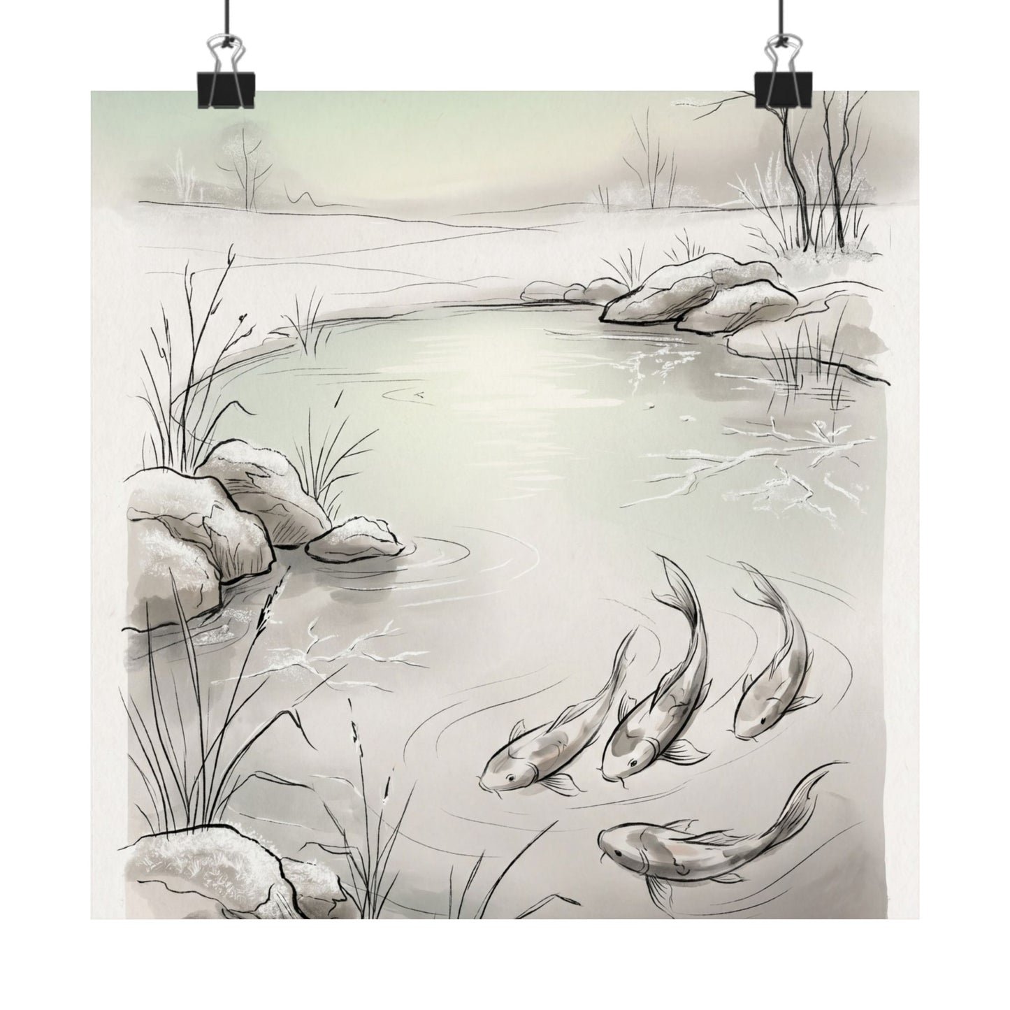 Japandi Koi Pond in Dawn | Minimal Line Wall Art Print