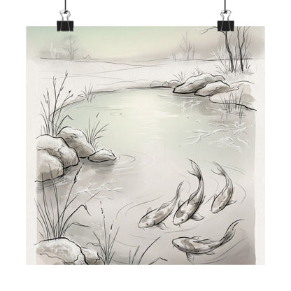 Japandi Koi Pond in Dawn | Minimal Line Wall Art Print