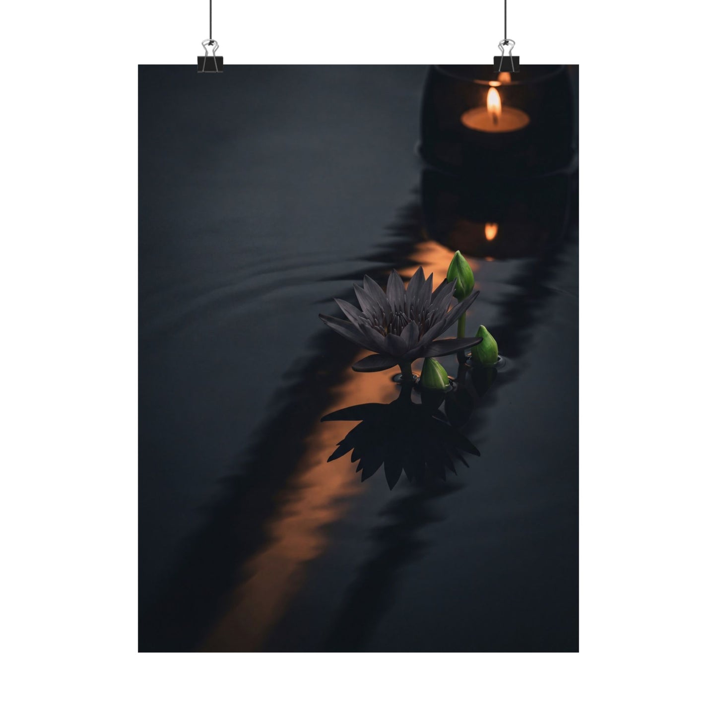 Candlelight Lotus Flower Wall Art Print - Dark Japandi Seijaku