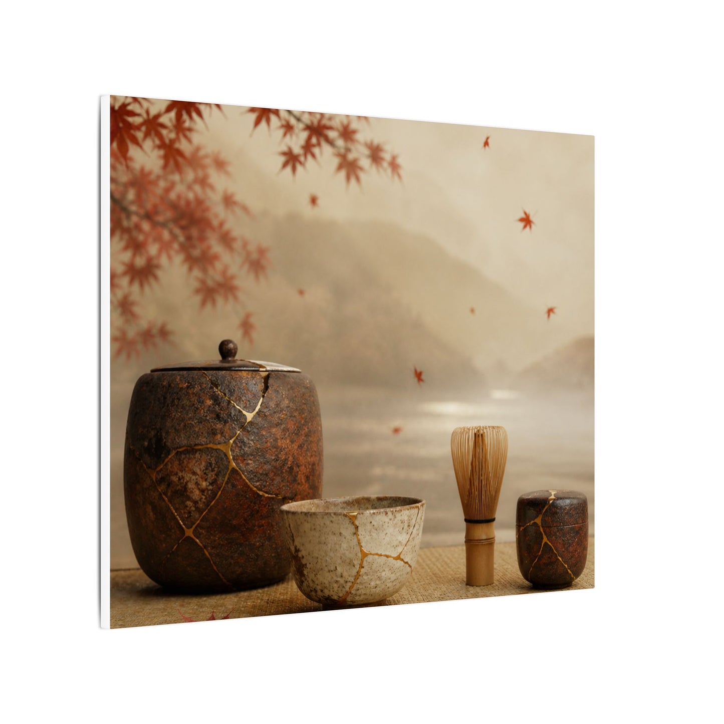 Tea Ceremony Canvas Art | Autumn Kintsugi Gold Vein Art