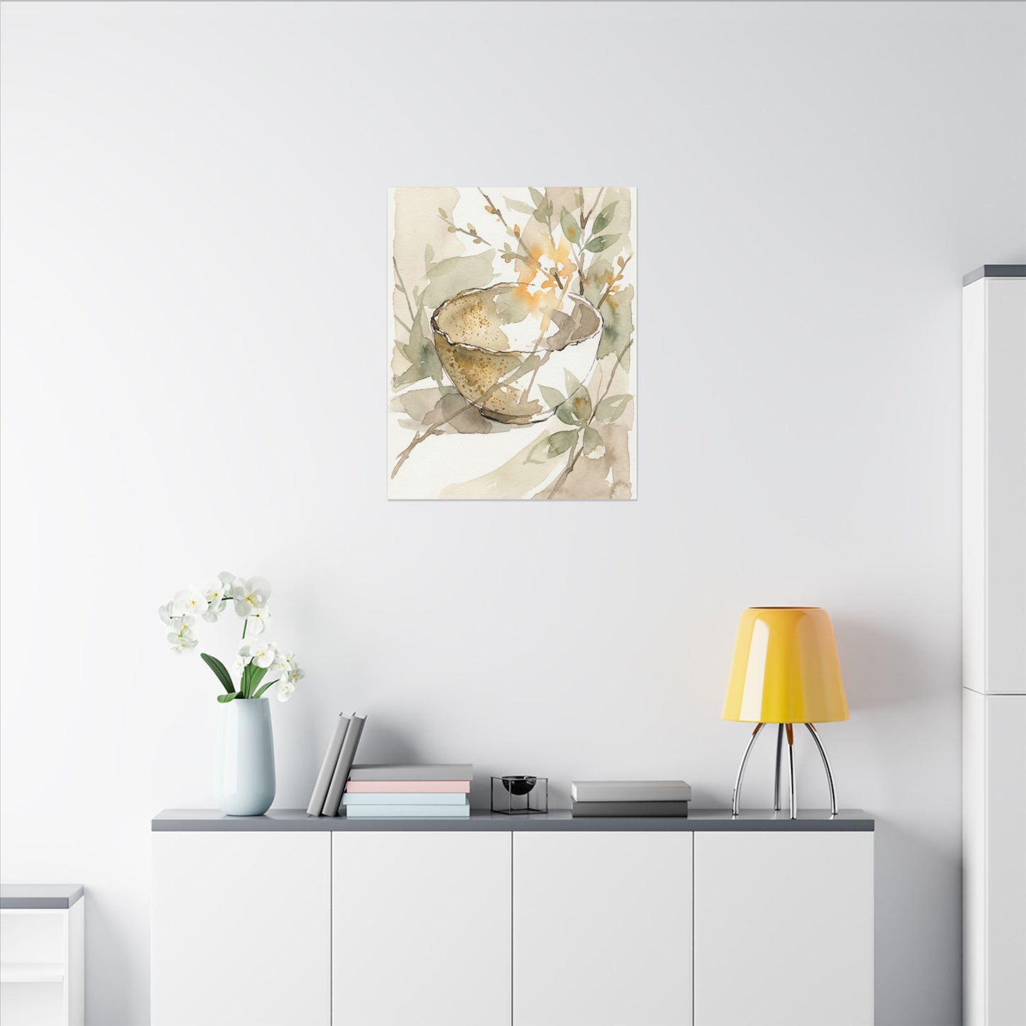Spring Ceramic Bowl Watercolor Canvas Art | Neutral Decor