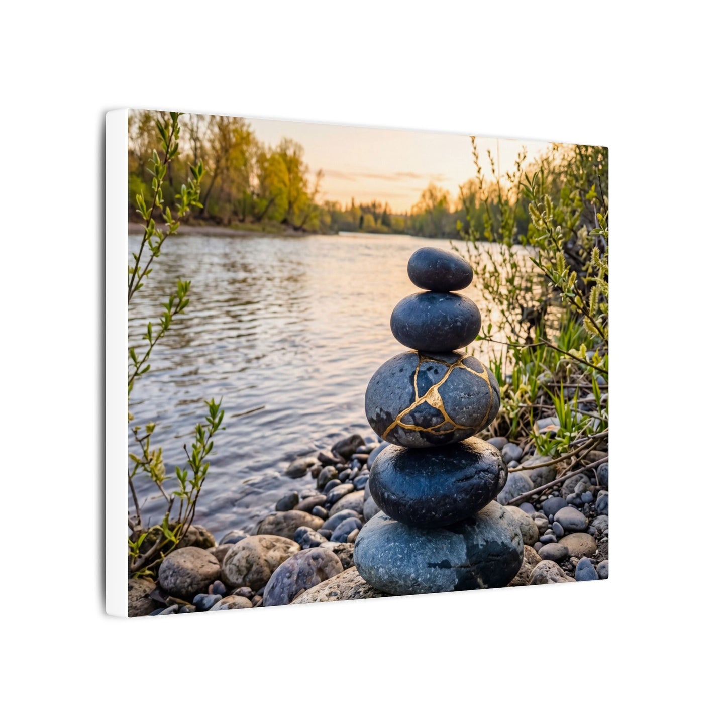 Kintsugi River Stones in Golden Hour | Gold Vein Canvas Art
