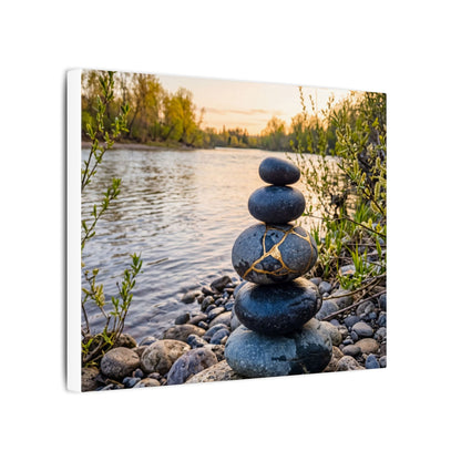 Kintsugi River Stones in Golden Hour | Gold Vein Canvas Art