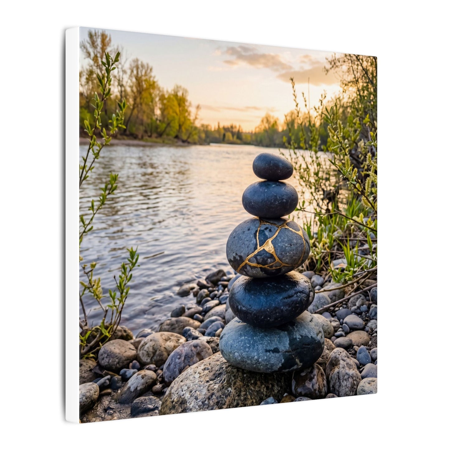 Kintsugi River Stones in Golden Hour | Gold Vein Canvas Art