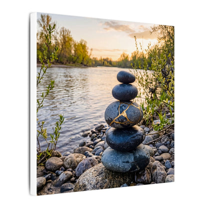 Kintsugi River Stones in Golden Hour | Gold Vein Canvas Art