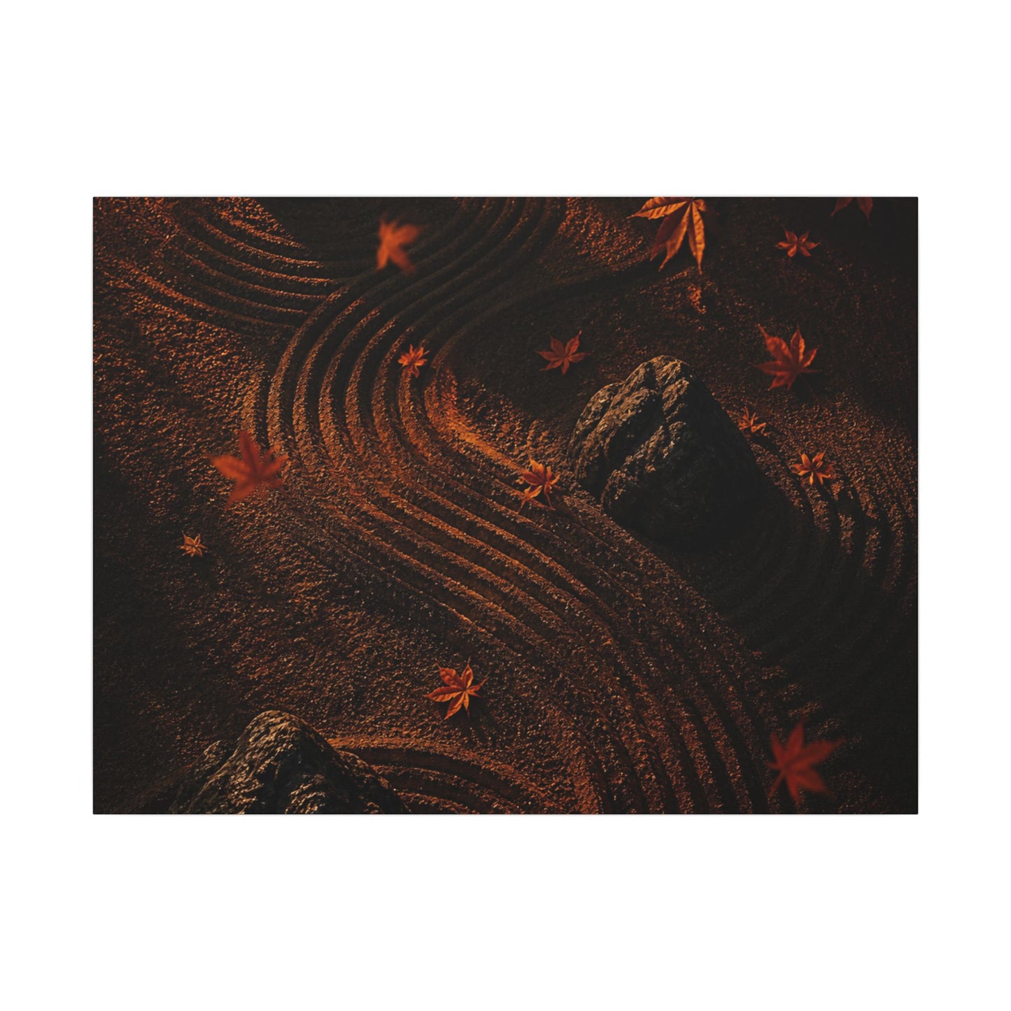 Dark Japandi Rock Garden in Golden Hour | Charcoal Ink Canvas Art