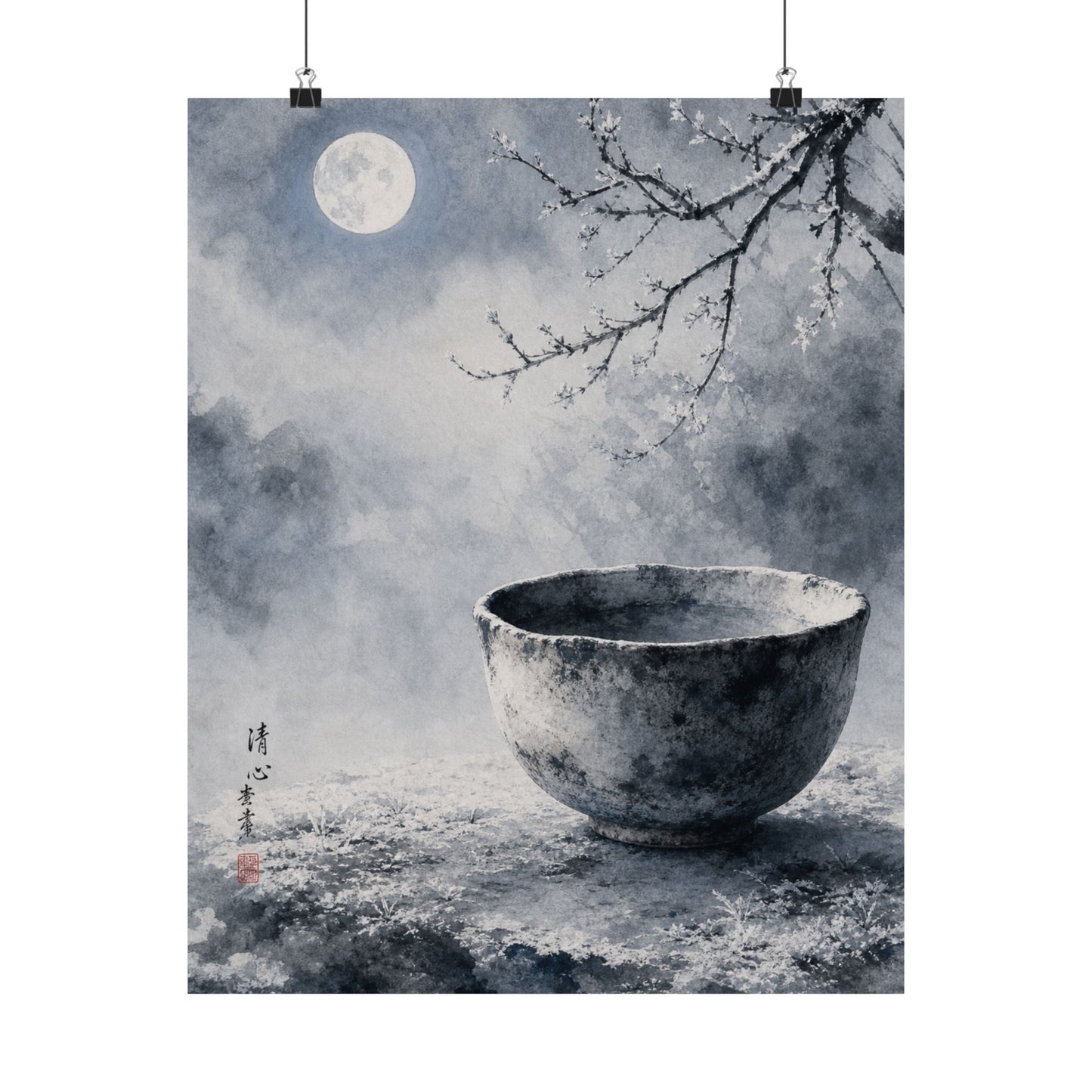 Winter Ceramic Bowl Sumi E Wall Art Print | Tranquil Decor