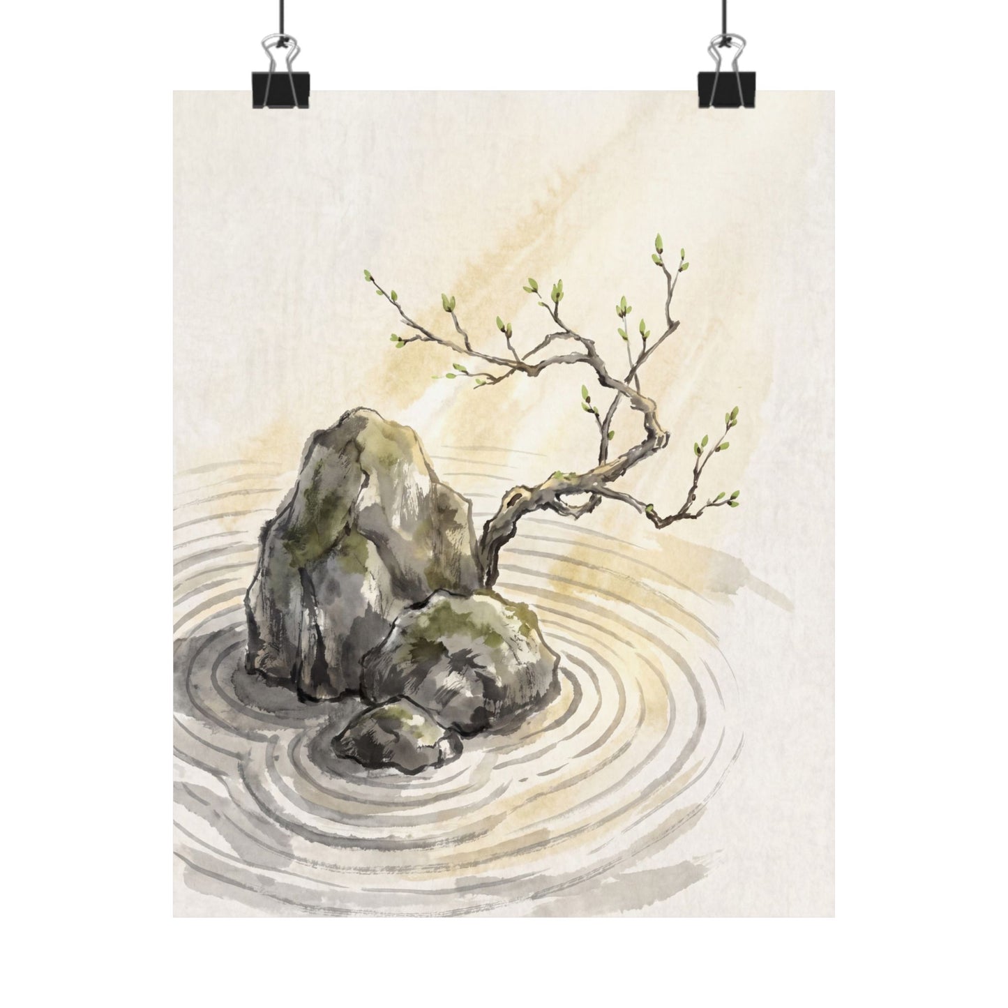 Zen Rock Garden in Golden Hour | Sumi E Wall Art Print Art Print