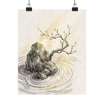 Zen Rock Garden in Golden Hour | Sumi E Wall Art Print Art Print