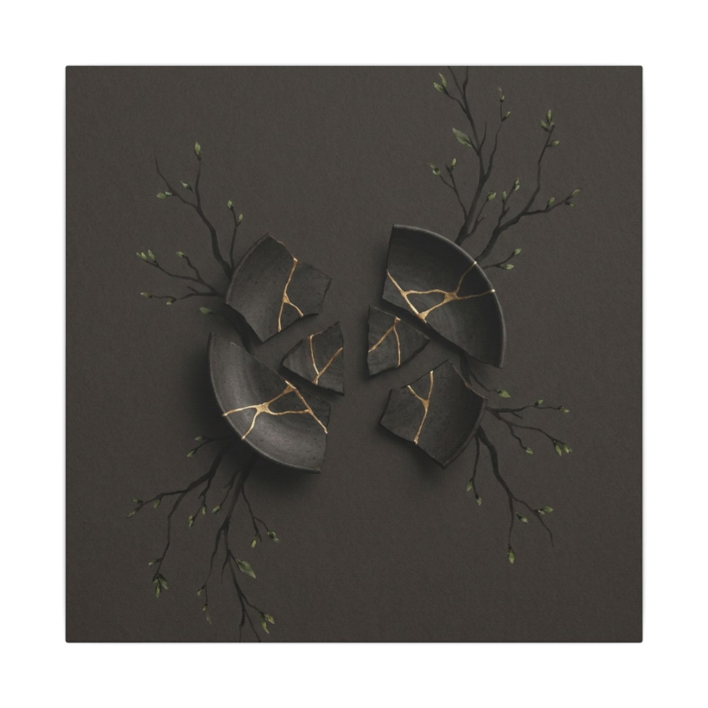 Sophisticated Broken Pottery Canvas Art - Charcoal Ink Dark Japandi