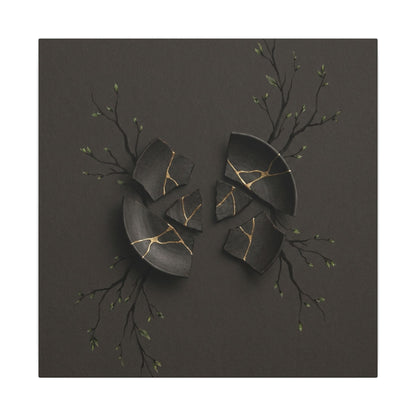 Sophisticated Broken Pottery Canvas Art - Charcoal Ink Dark Japandi