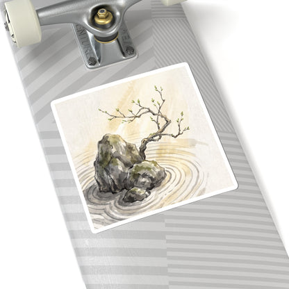 Zen Rock Garden in Golden Hour | Sumi E Sticker Art Print
