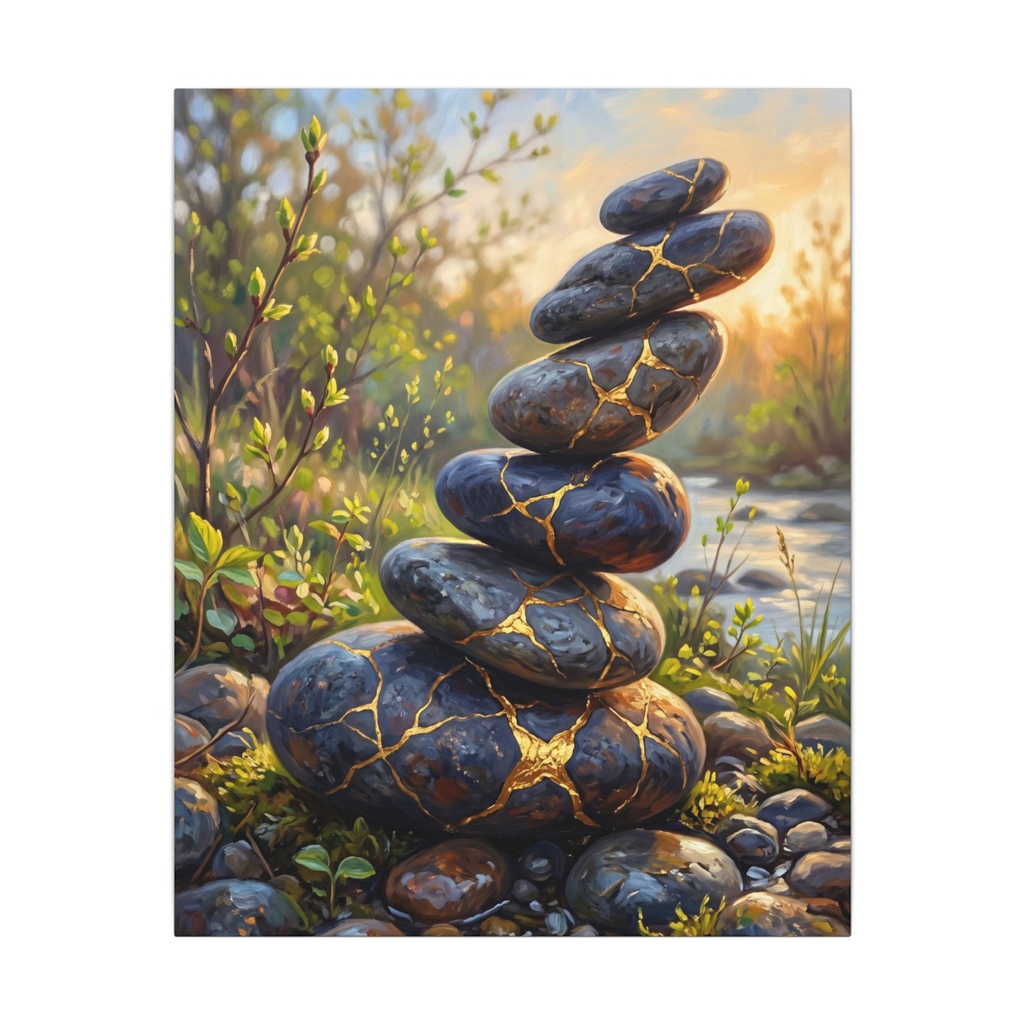 Spring River Stones Gold Repair Canvas Art | Healing Decor
