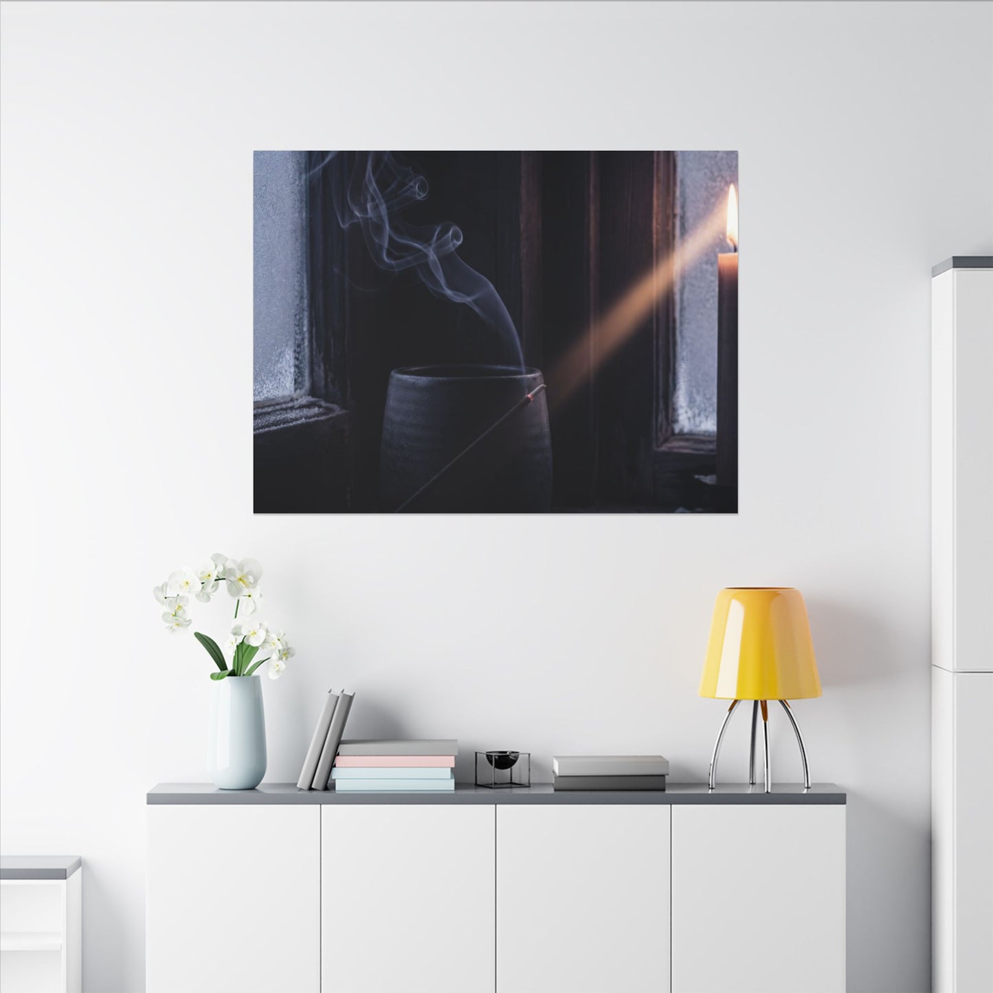 Incense Smoke Winter Canvas Art | Dark Japandi Sophisticated Design