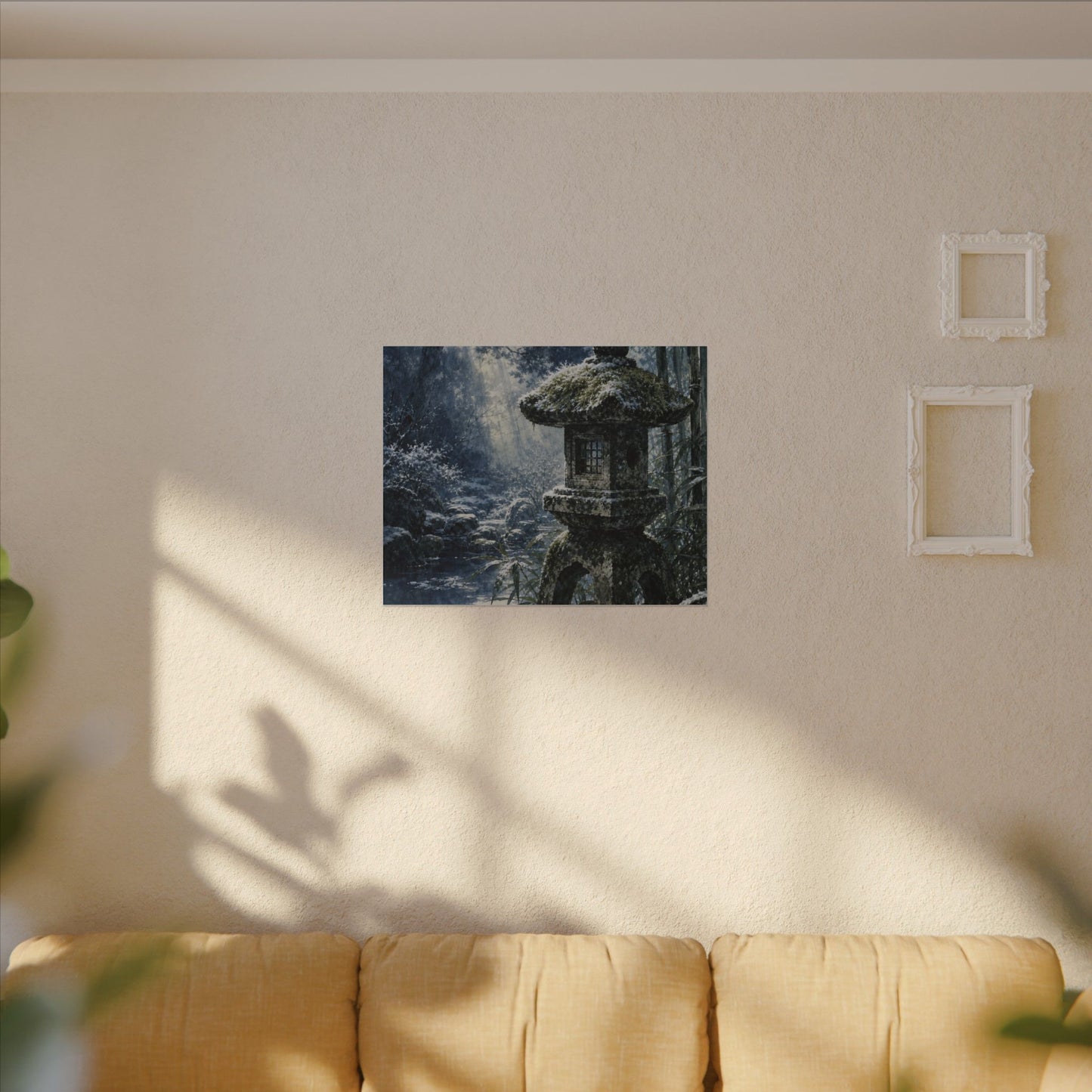 Zen Stone Lantern in Dappled | Sumi E Canvas Art
