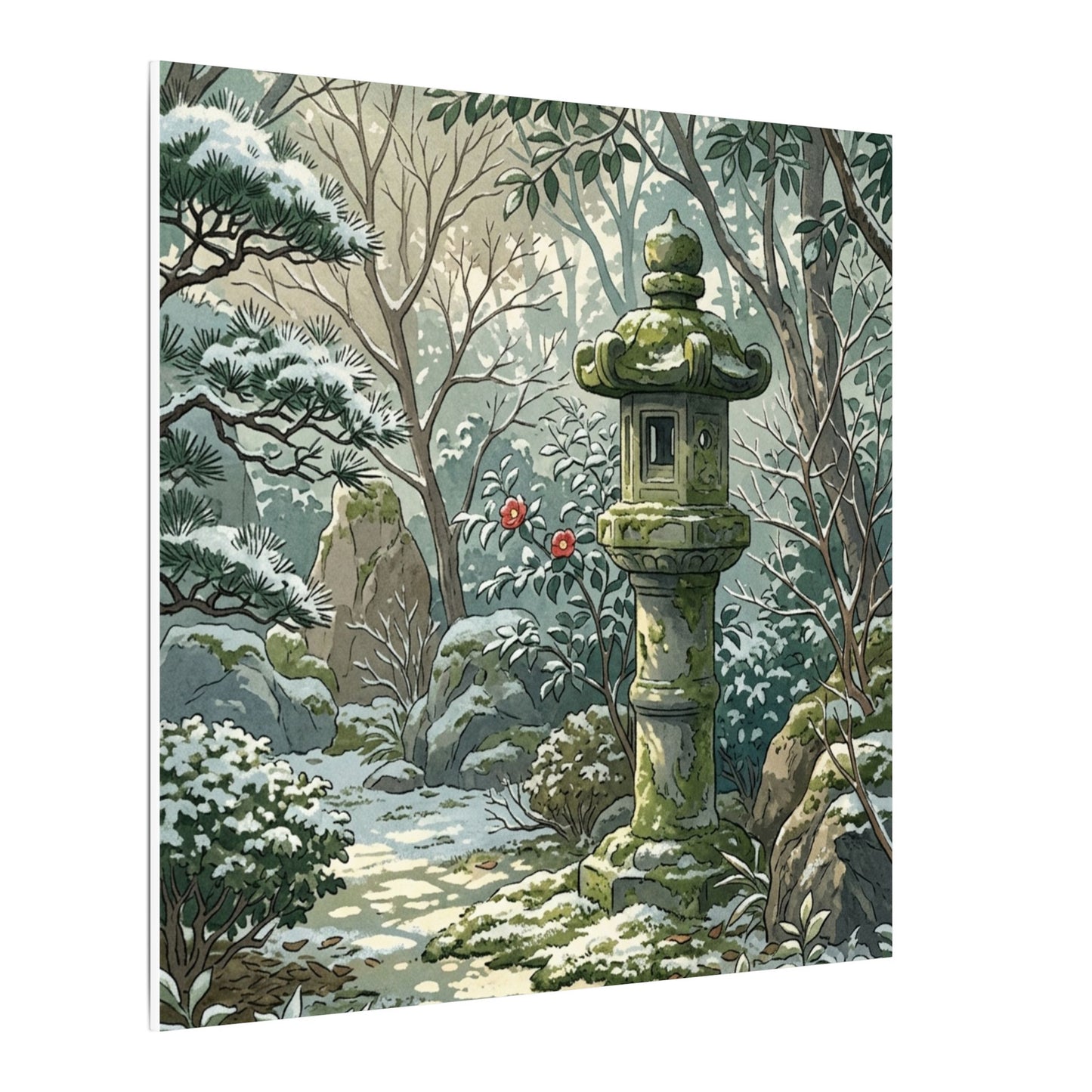 Stone Lantern Winter Canvas Art | Japandi Warm Design