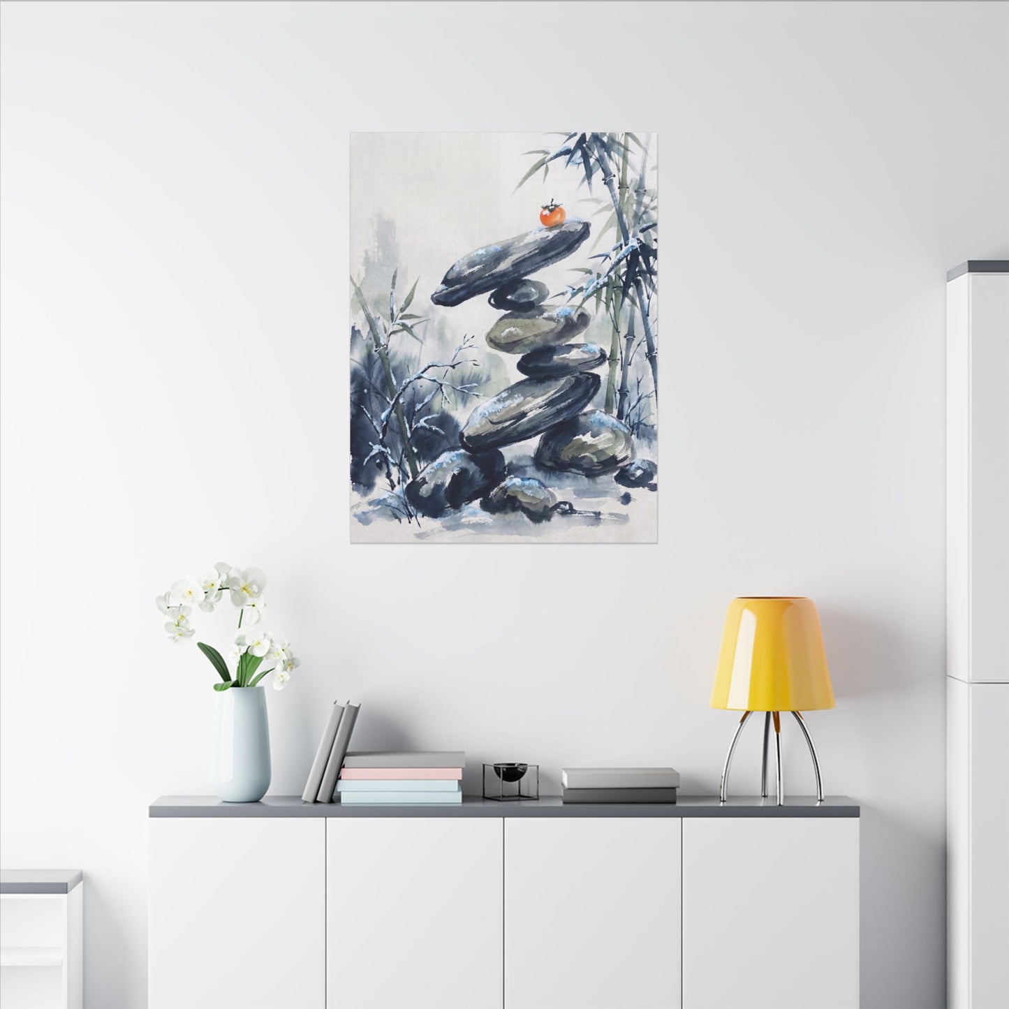 Zen River Stones in Moonlight | Sumi E Canvas Art