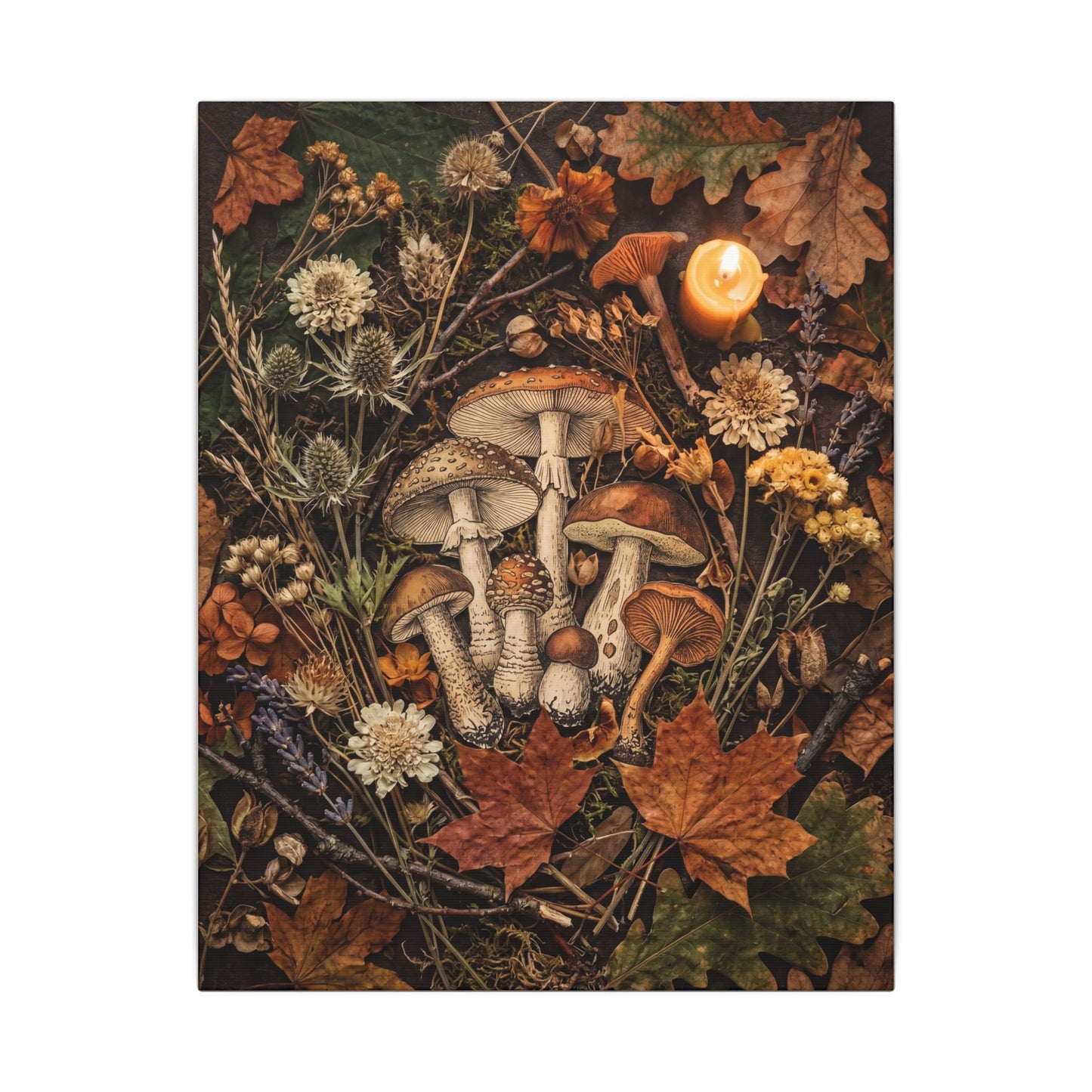 Autumn Dried Flowers Mushroom Illustration Canvas Art | Earthy Decor